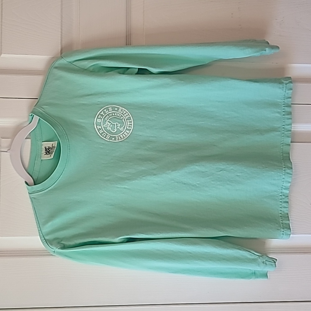 Surf Style mint green long sleeve tee  size youth Large 14/16 white logo on back